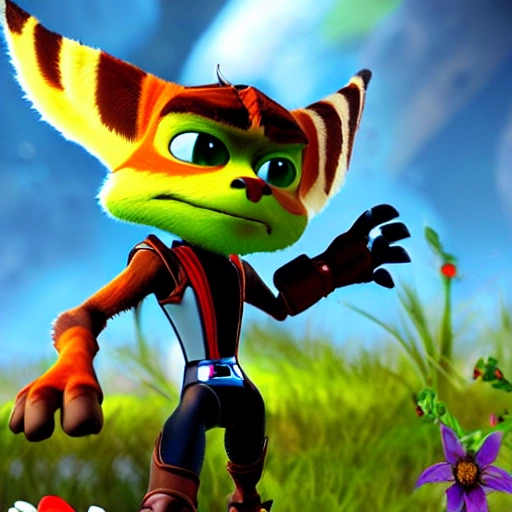 , 3D, Dark lombax skin from Ratchet and Clank, the lines of the ear are red, Lombax is holding flowers, and it is trying to give this flowers to a white cat, scene its summer with green grass beutiful