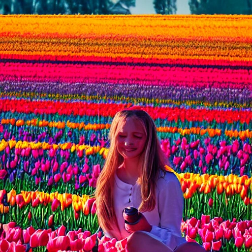 High detail RAW color photo professional, highly detail face: 1.4,Mary Blair style tulip field, tindal effect, lens flare, backlighting, bokeh