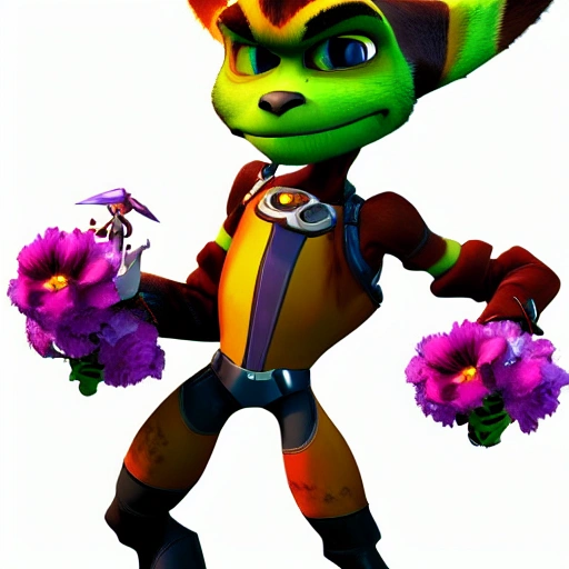 , 3D, Dark lombax skin from Ratchet and Clank, the lines of the ear are red, Lombax is holding flowers, and it is trying to give this flowers to a white cat, scene its summer with green grass beutiful, Cartoon