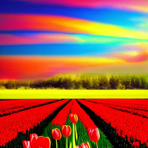 High detail RAW color photo professional, highly detail face: 1.4,Mary Blair style tulip field, tindal effect, lens flare, backlighting, bokeh, Oil Painting