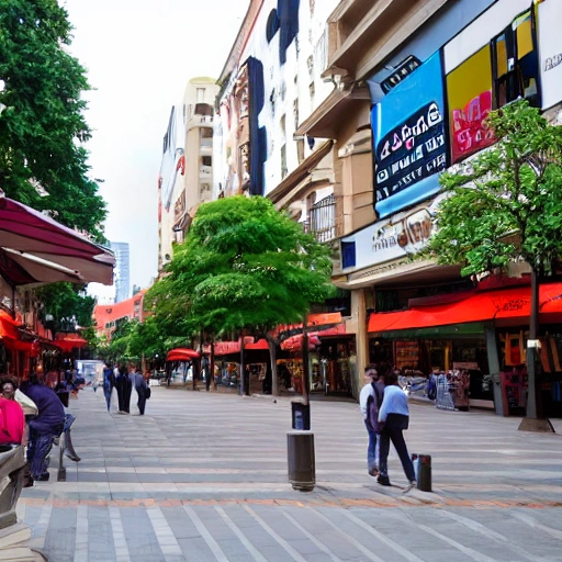 a plaza with different stores and many business man passing