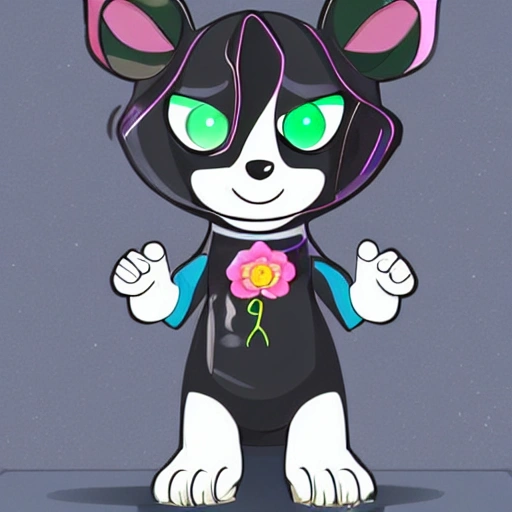 Imagine a world where advanced AI technology has allowed animals to communicate with humans and live alongside them. Draw a scene where your black lombax fursona is holding a beautiful flower up to the sky with a happy smile on their face. What kind of flower is it? Is it a futuristic, technologically advanced flower or a traditional one? Is your fursona holding the flower with their hands or with a tool created by their AI companion? Show how their AI companion is helping your fursona in this task, and incorporate any other technological gadgets or devices that they use in their daily lives. Let your creativity run wild and bring this futuristic world to life on paper with your personalized black lombax fursona design!"