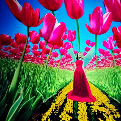 High detail RAW color photo professional, highly detail face: 1.4,a detailed portrait of a woman floating underwater wearing long flowing dress, nymph style,Mary Blair style tulip field, tindal effect, lens flare, backlighting, bokeh