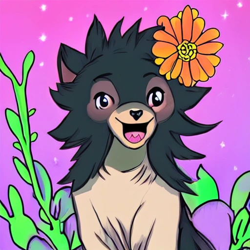  Draw a scene where your black lombax fursona is holding a beautiful flower up to the sky with a happy smile on their face. the scene is summer 