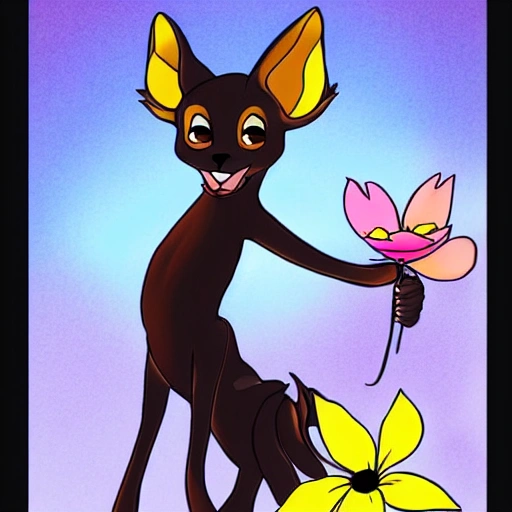  Draw a scene where your black lombax (ratchet) fursona is holding a beautiful flower up to the sky with a happy smile on their face. the scene is summer 