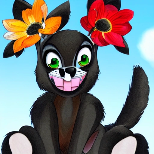  Draw a scene where your black lombax (ratchet) furry is holding a beautiful flower up to the sky with a happy smile on their face. the scene is summer , , , Cartoon