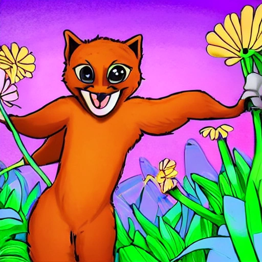  Draw a scene where your black lombax (ratchet) furry is holding a beautiful flower up to the sky with a happy smile on their face. the scene is summer , , , Cartoon, Trippy