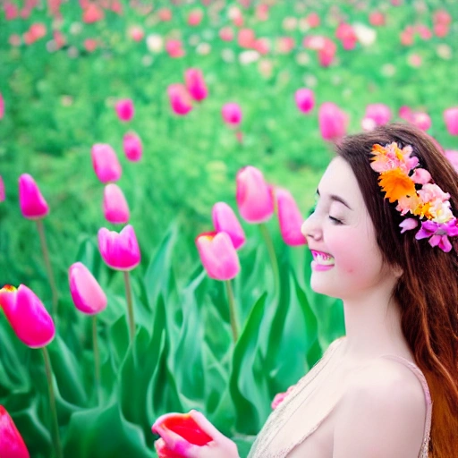 High detail RAW color photo professional, highly detail face: 1.4, a detailed portrait of a woman floating underwater wearing long flowing dress, The girl with the petals in her hair, smile, nymph style,Mary Blair style tulip field, tindal effect, lens flare, backlighting, bokeh