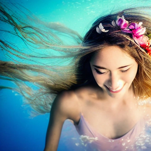 High detail RAW color photo professional, highly detail face: 1.4, a detailed portrait of a woman floating underwater wearing long flowing dress, The girl with the petals in her hair, smile, nymph style, tindal effect, lens flare, backlighting, bokeh