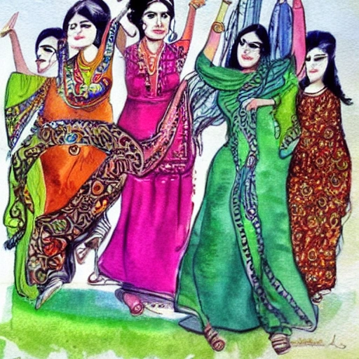 representation of women preserving the culture of pakistan, Cartoon, Trippy, Water Color