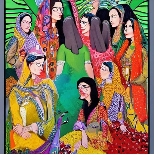 a poster on representation of women preserving the culture of Pakistan, Trippy, Cartoon, Oil Painting