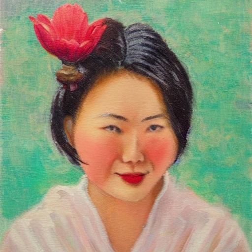 The chinese girl with the petals in her hair, smile, Oil Painting