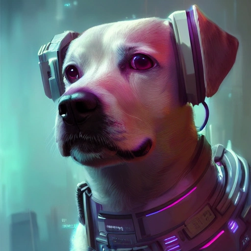 a beautiful portrait of a cute cyberpunk dog by greg rutkowski and wlop, purple blue color scheme, high key lighting, digital art, highly detailed, fine detail, intricate, ornate, complex , Cartoon