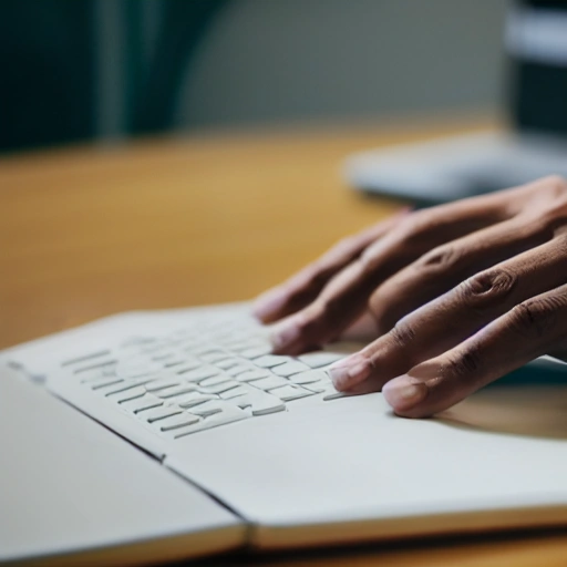 A man is typing on a laptop keyboard,five books resting beside the computer,focus on the typing hands,photo shot by Canon and in bokeh, 3D