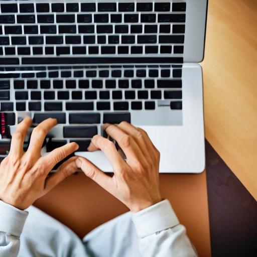 A man is typing on a laptop keyboard,five books resting beside the computer,focus on the typing hands,photo shot by Canon and in bokeh, 3D, Oil Painting