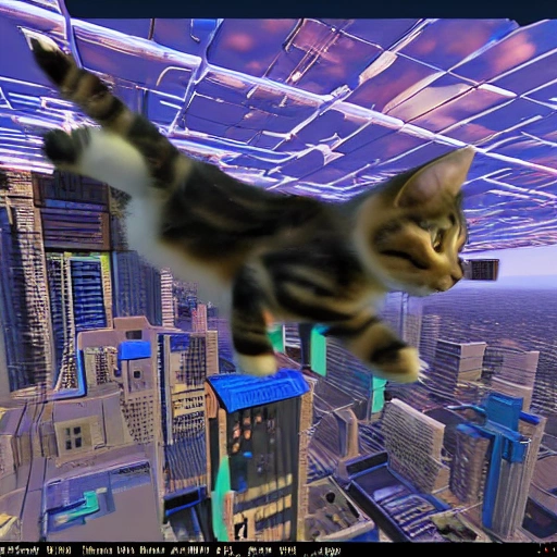 flying cat cyberpunk style in a city, 3D