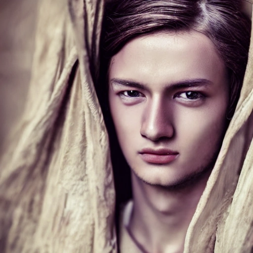 High detail RAW professional color photo, high detail face: 1.4, detailed portrait of a medieval aristocratic boy, nymph style, detailed skin, luxurious clothes, shining eyes, lens sharing, tindal effect, lens flare, backlight, bokeh