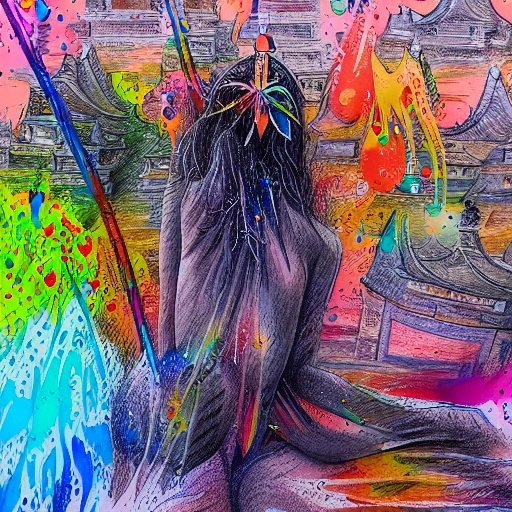  ultra high res,dramatic angle,(fluttered detailed color splashs), (illustration),(((1 girl))),(long hair),(rain:0.9),(hair ornament:1.4),there is an ancient palace beside the girl,(focus on), color Ink wash painting,(color splashing),colorful splashing,(((colorful))),(sketch:0.8), Masterpiece,best quality, no clothes,beautifully painted,highly detailed