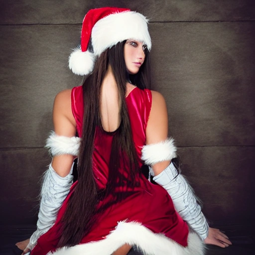 girl, very long hair, side ponytail, christmas,fur-trimmed dress