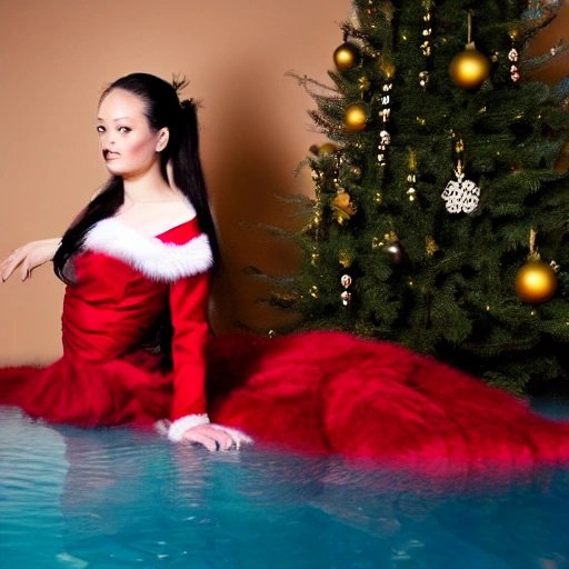 girl, very long hair, side ponytail, christmas,fur-trimmed dress,partially underwater shot, shibari over cloth , arms behind back ,