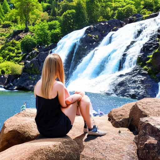 a woman sitting on a rock on a sunny day in front of a waterfall eating her lunch, Detailed and Intricate, ultra realistic