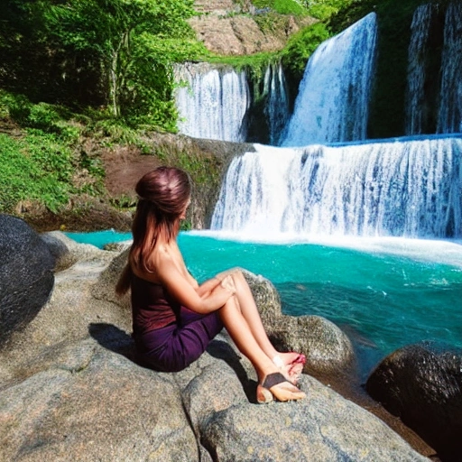 a woman sitting on a rock on a sunny day in front of a waterfall, Detailed and Intricate, ultra realistic