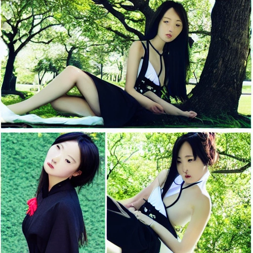 Here is the English prompt:

A beautiful Chinese girl photos under the sun in the park.  Stylish shots.