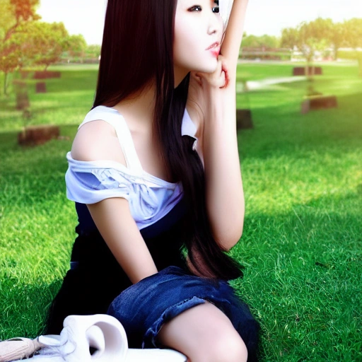 A beautiful Chinese girl photos under the sun in the park.  Stylish shots beauty face
