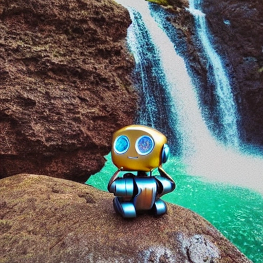 a tiny robot sitting on a rock on a sunny day in front of a waterfall, Detailed and Intricate, ultra realistic