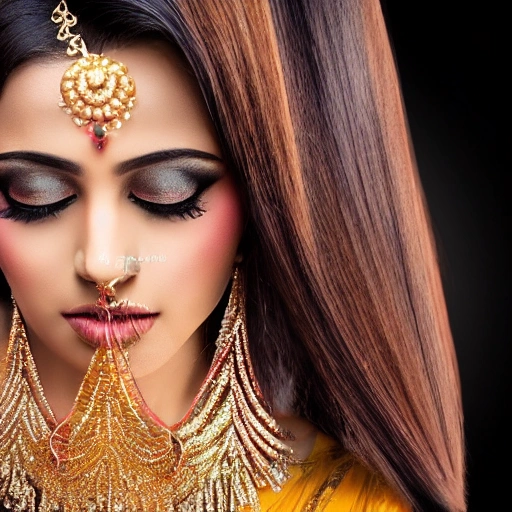 indian women, hair smoothening, beautiful hair, black shadow background 