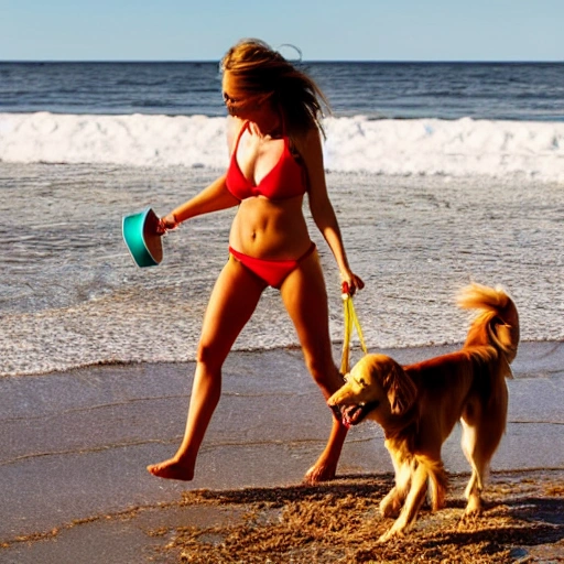 Beautiful woman with long hair wearing a red bikini, walking on the sandy beach while carrying a frisbee and playing with her golden retriever dog
