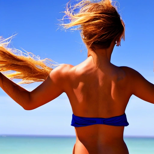 Young woman with her back to the camera standing on a sandy beach wearing a colorful bikini, with her arms raised up in the air and a clear blue sky in the background