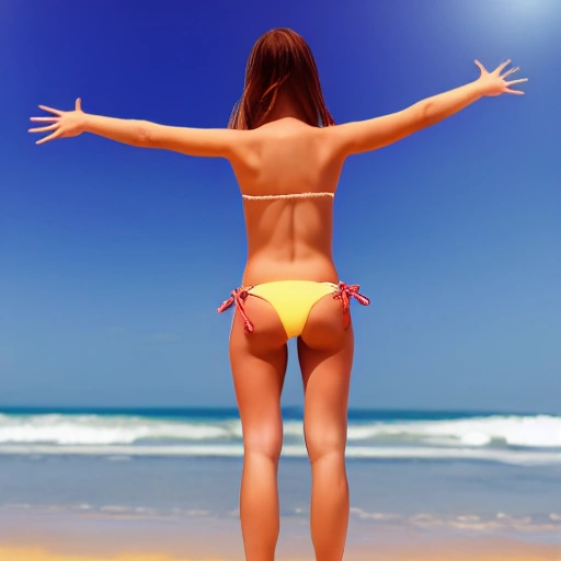 girl in a bikini on the beach with arms raised, showcasing the curvature of her back and emphasizing the form-fitting nature of the swimwear, 3D