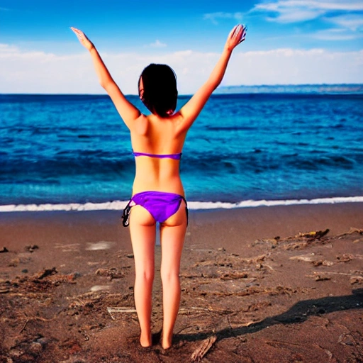Anime-style girl at beach with arms raised in bikini from behind