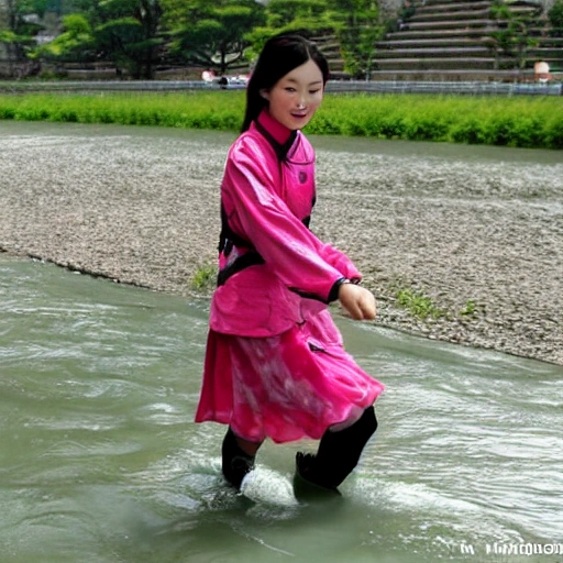 a chinese high school girl, beautiful, sweet, walking along the river