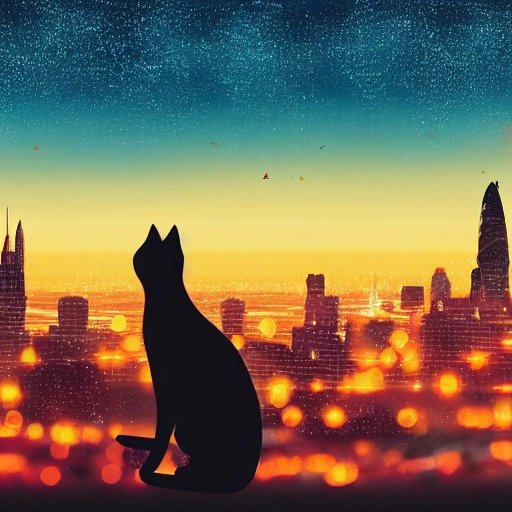 Cat, flying, city skyline, sunset, cape, determined expression, with a trail of sparkling stars behind it