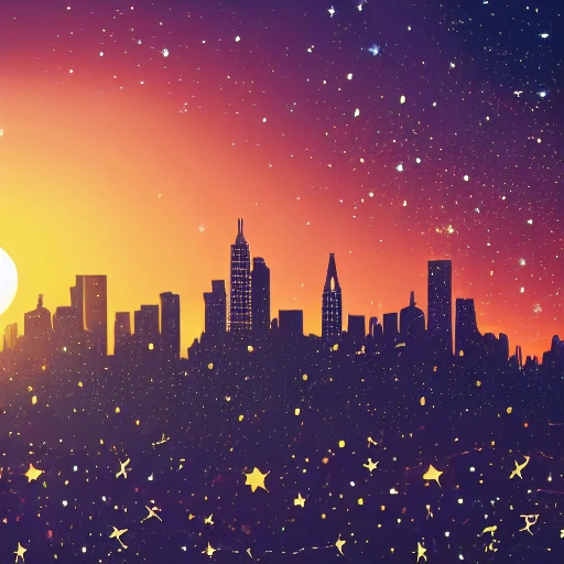 Cat, flying, city skyline, sunset, cape, determined expression, with a trail of sparkling stars behind it