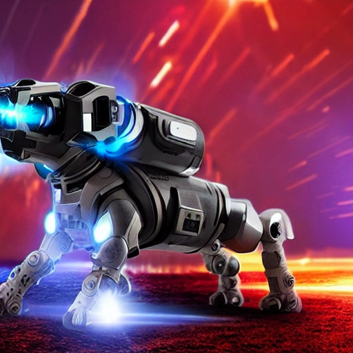 A futuristic armored dog charging into battle, laser gun attached to its back, barking ferociously as explosions go off around it