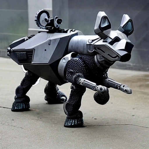 A futuristic armored dog charging into battle, laser gun attached to its back, barking ferociously as explosions go off around it