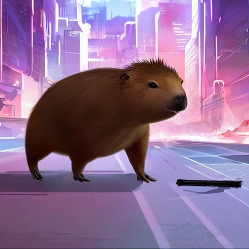 Capybara wearing advanced armor and wielding a laser gun, engaged in battle against an enemy army in a futuristic city