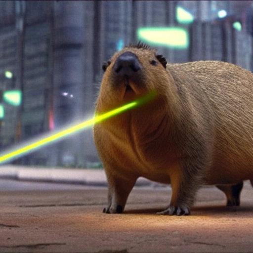 Capybara wearing advanced armor and wielding a laser gun, engaged in battle against an enemy army in a futuristic city