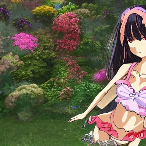 an anime-style girl wearing a short bikini and a dress over it, standing in a beautiful garden. She should have a relaxed and happy expression on her face, with her arms resting gently at her sides. The dress should be flowy and vibrant, and there should be flowers and foliage surrounding her. Make sure to emphasize her eyes and give her a youthful and innocent look