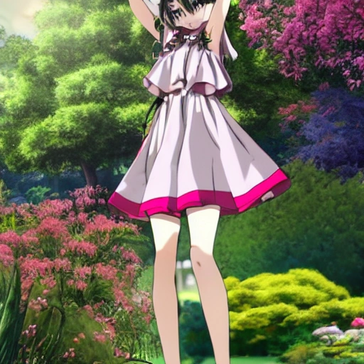 an anime-style girl wearing a short bikini and a dress over it, standing in a beautiful garden. She should have a relaxed and happy expression on her face, with her arms resting gently at her sides. The dress should be flowy and vibrant, and there should be flowers and foliage surrounding her. Make sure to emphasize her eyes and give her a youthful and innocent look, 3D