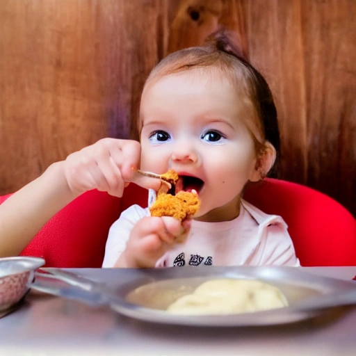 A cute baby girl eating fried chicken 
