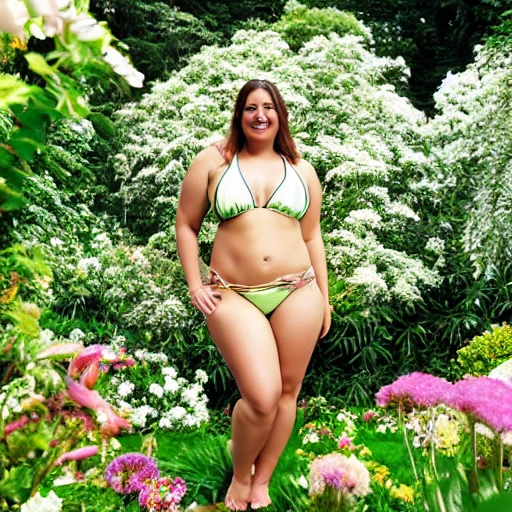 A woman in a short bikini and dress stands in a lush garden, surrounded by blooming flowers and tall trees, realistic