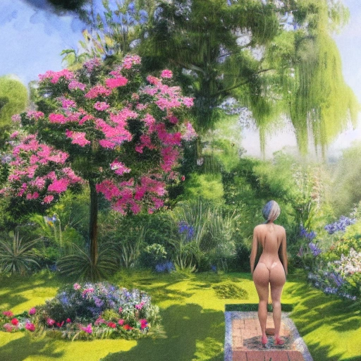 A woman in a short bikini and dress stands in a lush garden, surrounded by blooming flowers and tall trees, realistic, view from the back