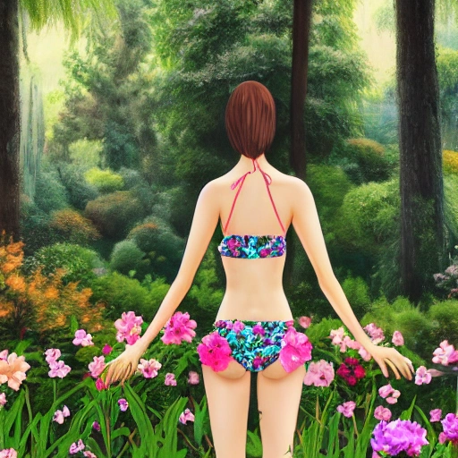 A woman in a short bikini and dress stands in a lush garden, surrounded by blooming flowers and tall trees, realistic, view from the back