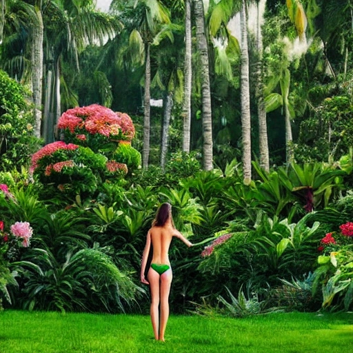 A woman in a micro bikini stands in a lush garden, surrounded by blooming flowers and tall trees, realistic, view from the back