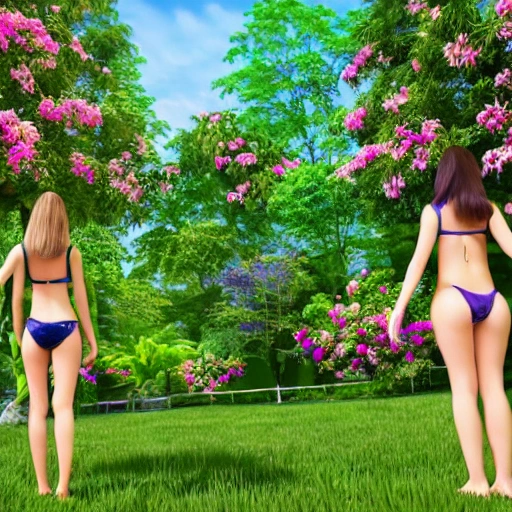 a group of young woman in micro bikini stands in a lush garden, surrounded by blooming flowers and tall trees, realistic, view from the back