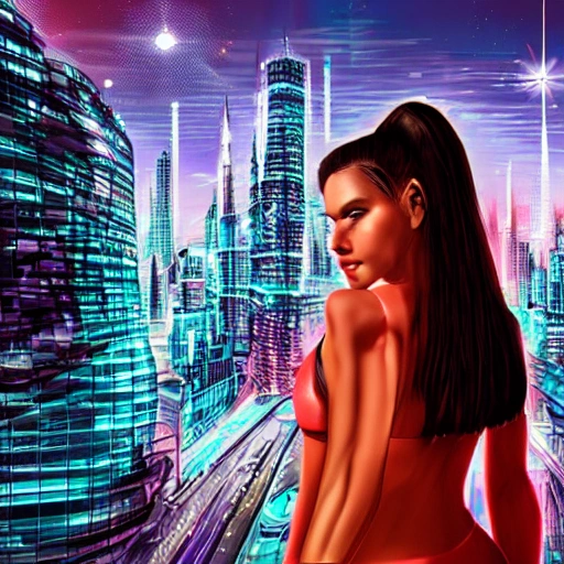 Behold a mesmerizing sight of a young woman amongst a high-tech futuristic cityscape, bursting with vibrant and extreme details